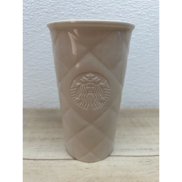 2012 Starbucks Quilted White Porcelain Coffee Travel Mug 10 Fl Oz With Lid - Picture 1 of 11